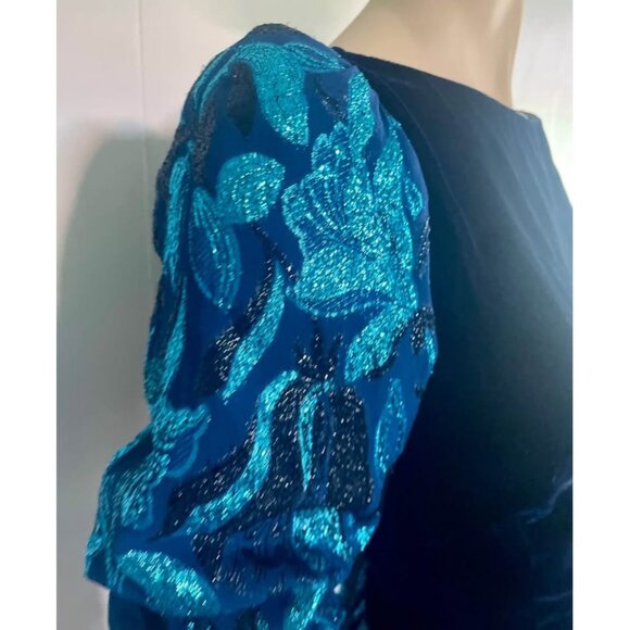 Vintage 1980s Party Dress, Size S/M, Metallic Blue Velvet, Puffed Sleeves - Picture 5 of 11